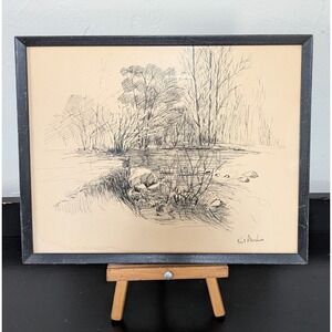 Vtg Framed Kurt Abraham Ink Drawing Artist Signed Gift Message on Back 11 x 14